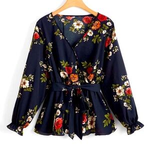 SHEIN Red and Blue Wrap Tie Front Blouse